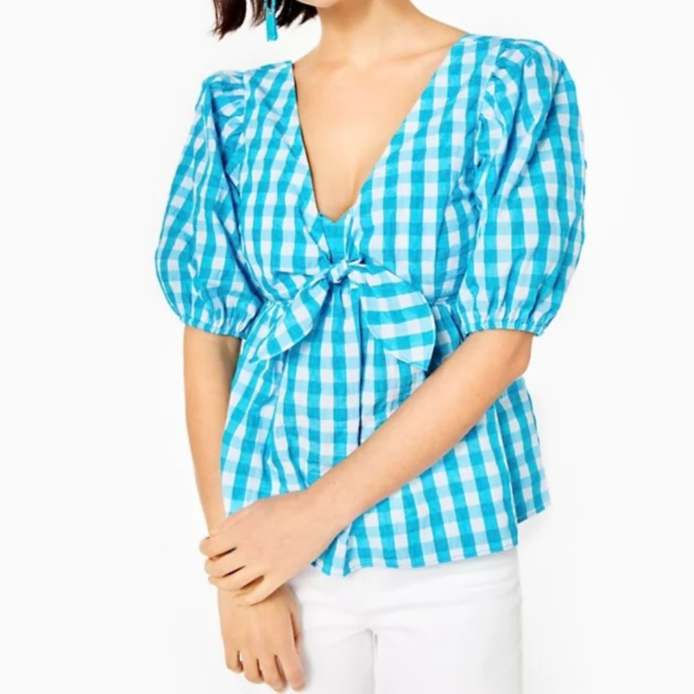Lilly Pulitzer Sarafina Puff Sleeve Top Size 4 | Turquoise Oasis Crinkle Gingham - Picture 3 of 16